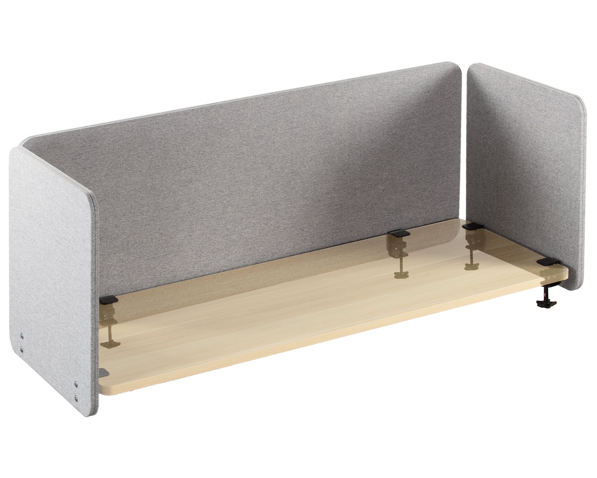 Clamp-on desk privacy panel for office workspace.