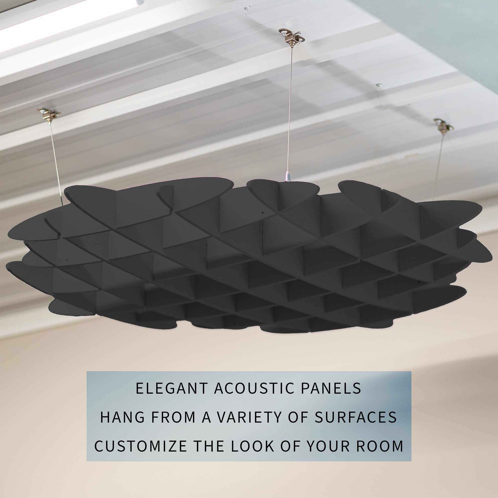 Acoustic ceiling waffle panel with sound-absorbing felt construction designed to reduce echo and ambient noise