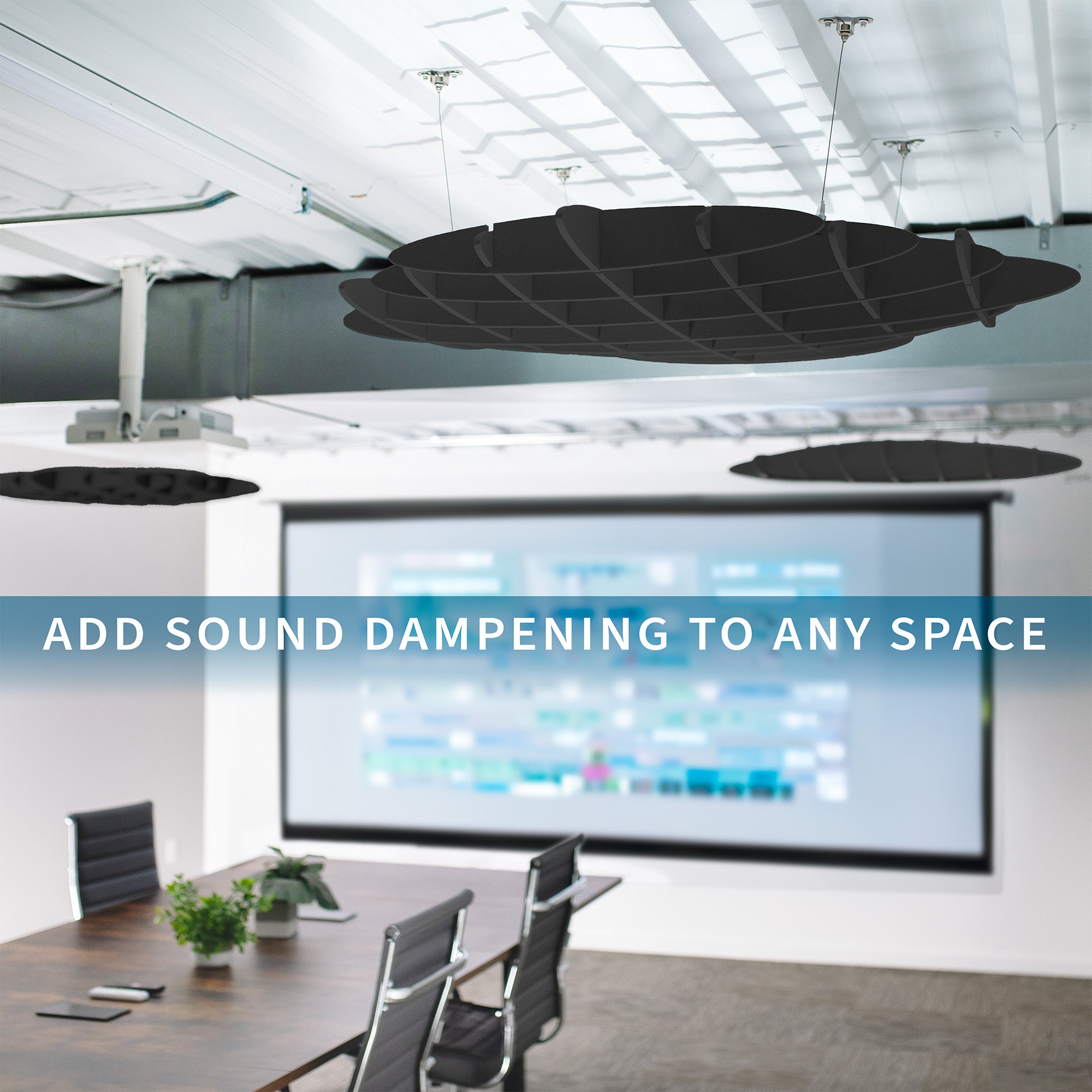 Suspended acoustic waffle ceiling panels installed above an office workspace to help reduce noise and echo