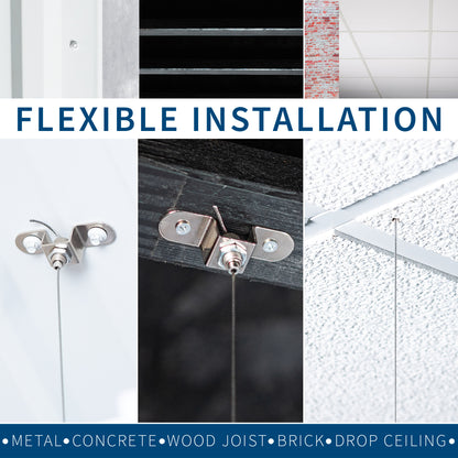 Acoustic ceiling waffle panels with adjustable suspension cables for flexible hanging height and placement