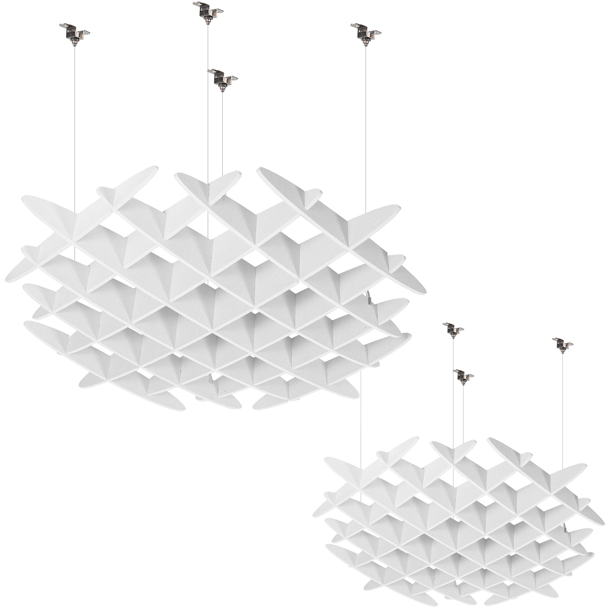 White acoustic ceiling waffle panels with suspended geometric design for sound absorption and modern spaces