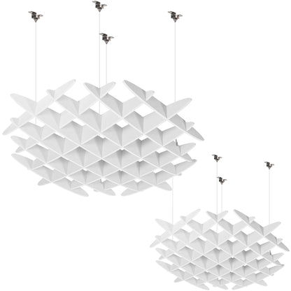 White acoustic ceiling waffle panels with suspended geometric design for sound absorption and modern spaces