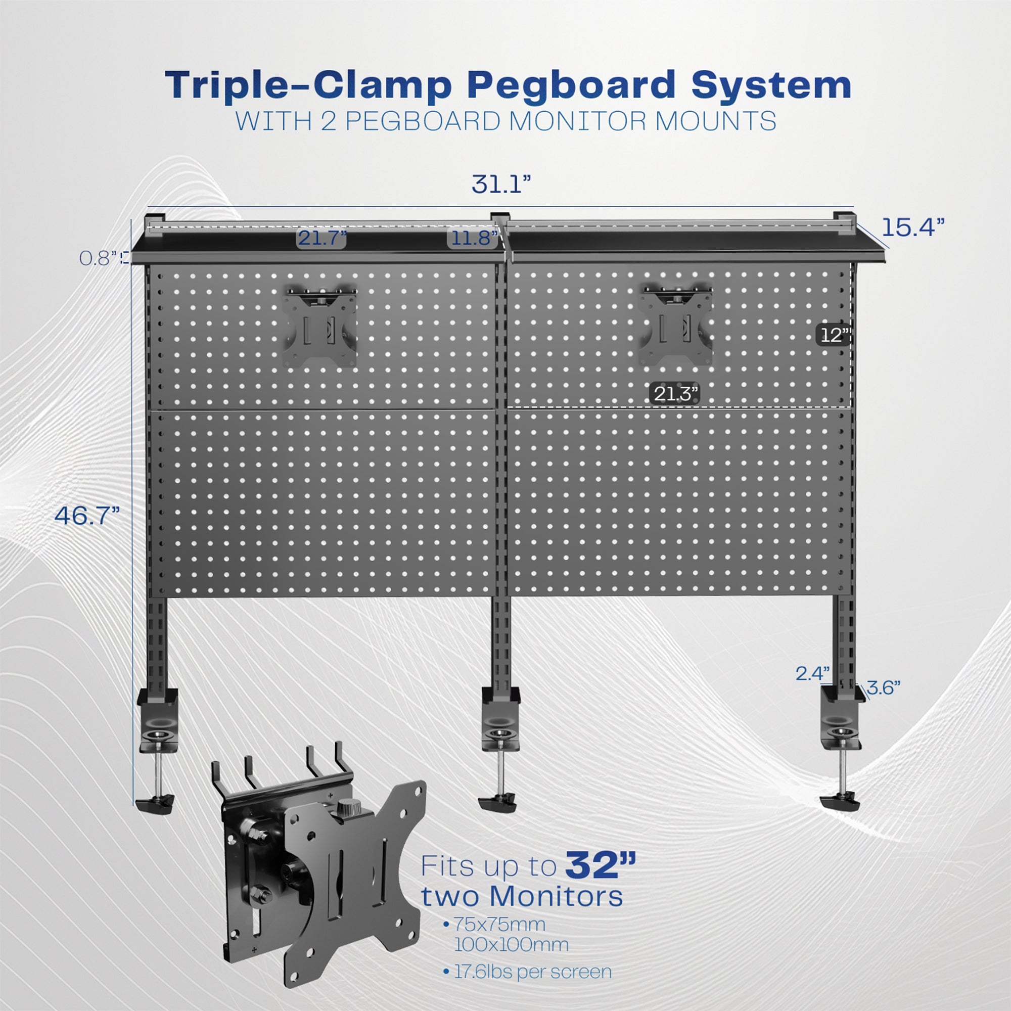 Clamp-on Pegboard with Monitor Mounts & Shelf - Up to 32" Screens