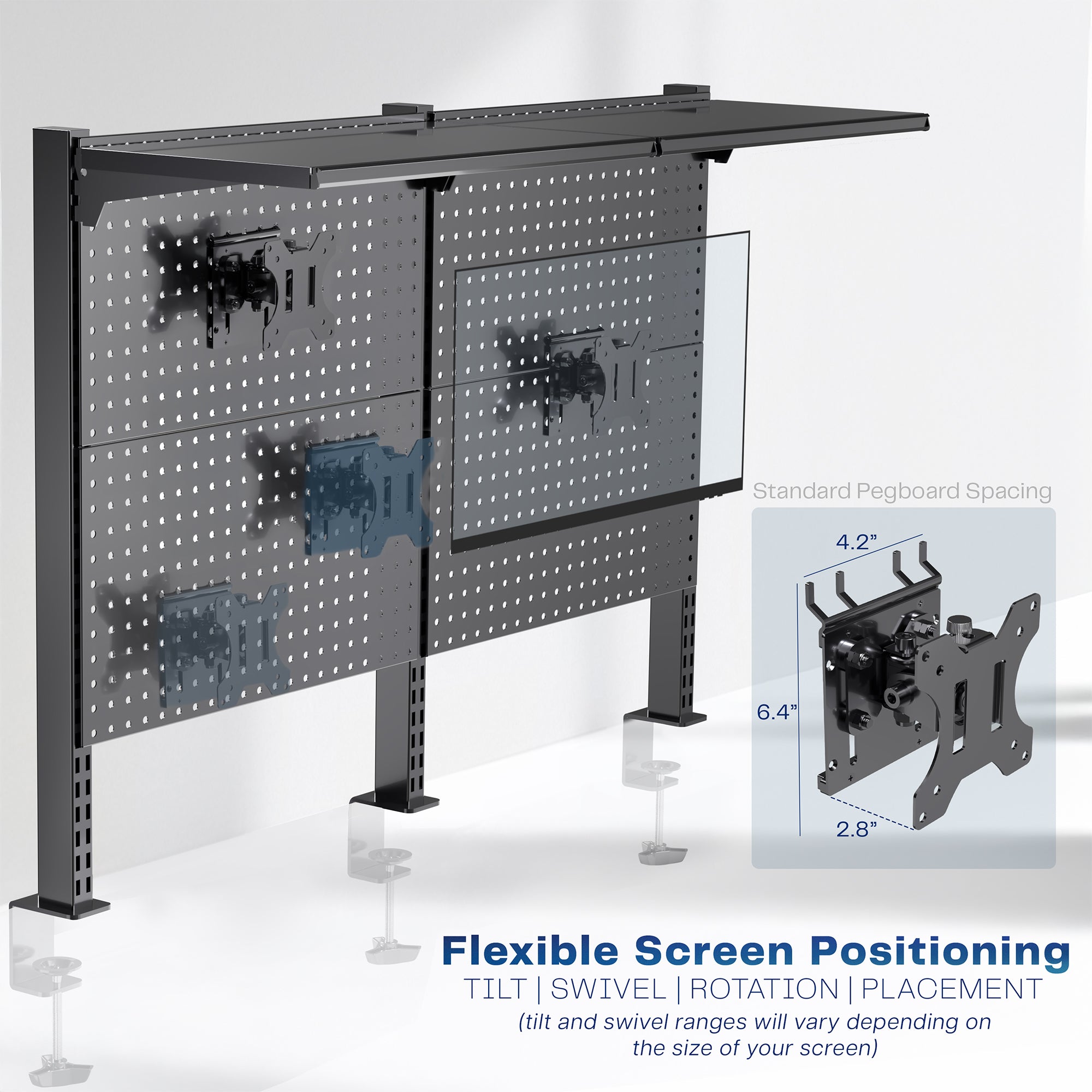 Clamp-on Pegboard with Monitor Mounts & Shelf - Up to 32" Screens