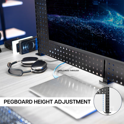 Clamp-on Pegboard with Monitor Mounts & Shelf - Up to 32" Screens