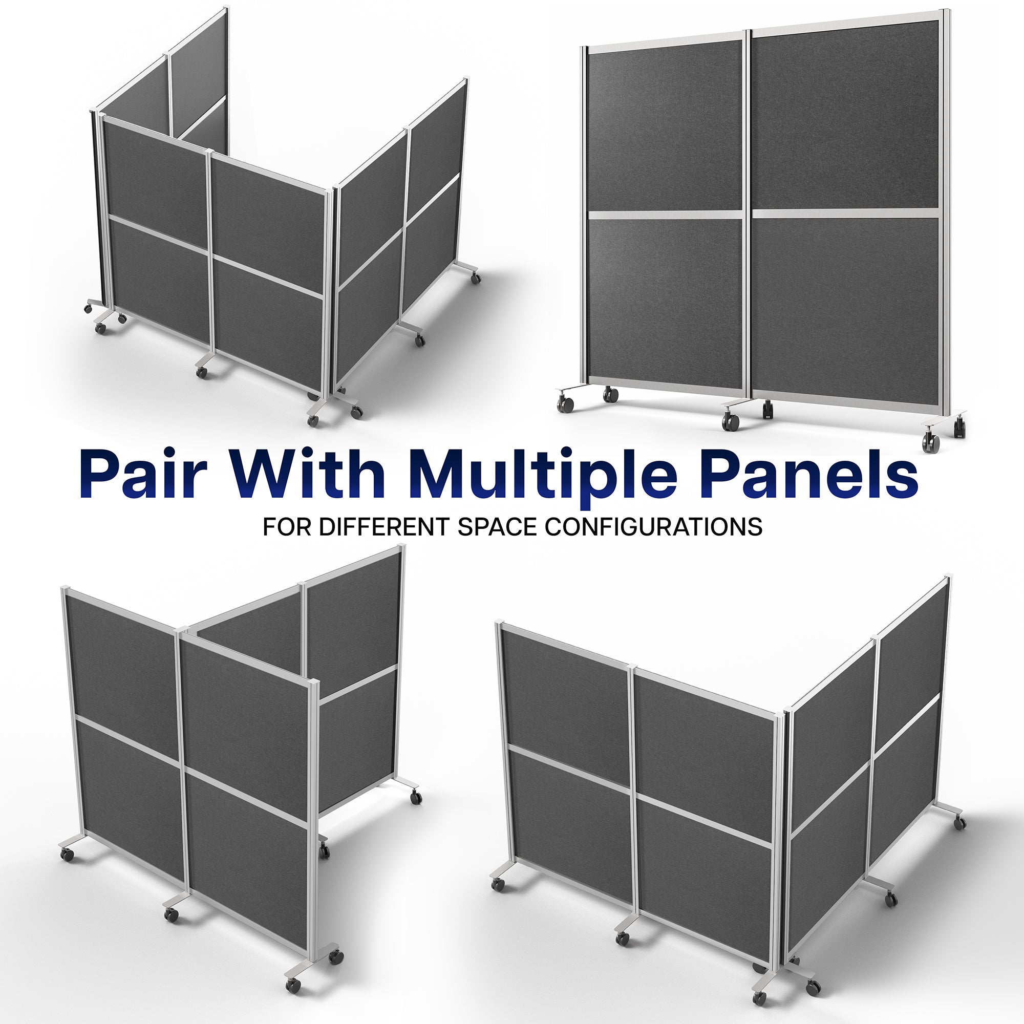Mobile Modular Wall System Freestanding Room Dividers with text indicating they can be paired with multiple panels for various space configurations.
