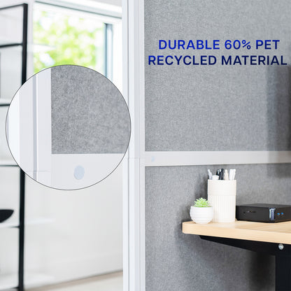 Mobile Modular Wall System Freestanding Room Dividers with text about durable 60% PET recycled material, close-up of material texture.