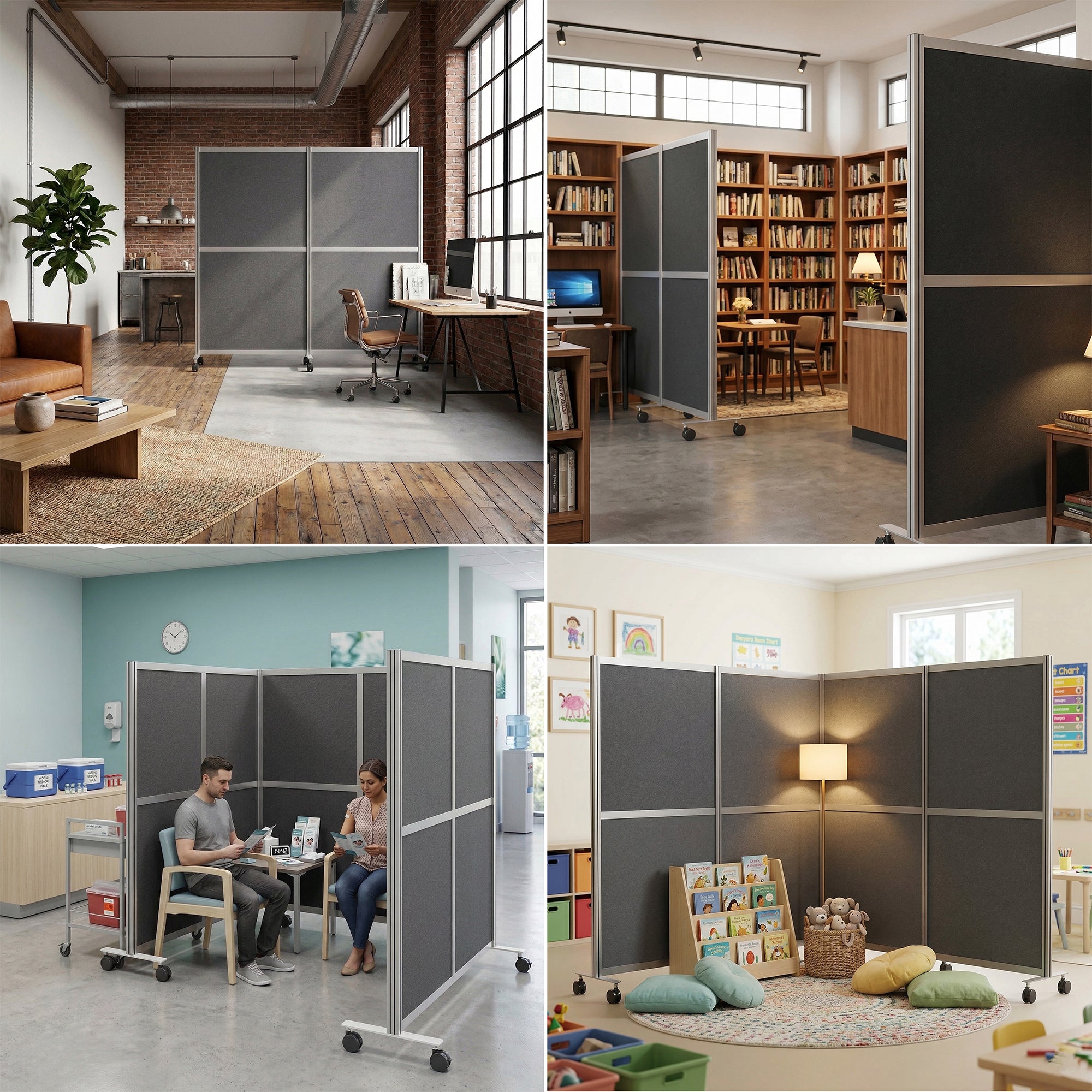 Collage of office and home office setups with Mobile Modular Wall System Freestanding Room Dividers