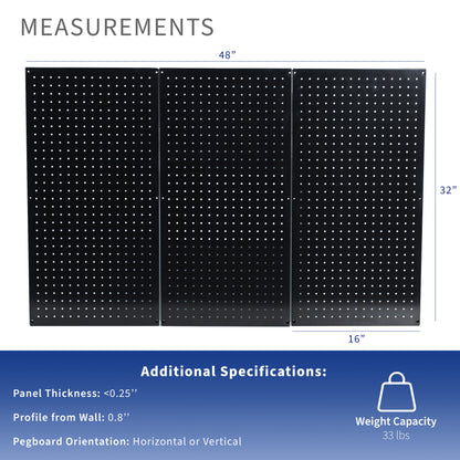 3-piece wall mounted metal pegboard panels with flexible placement for organization.