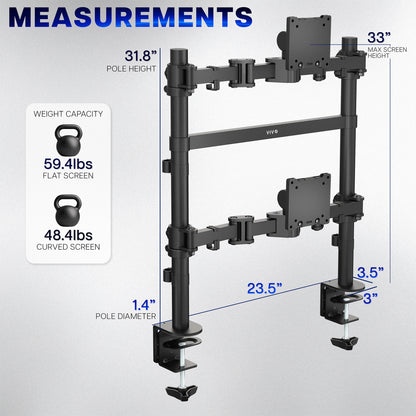 2-Pole Dual Ultrawide Vertical Monitor Desk Mount - Up to 57" Screens