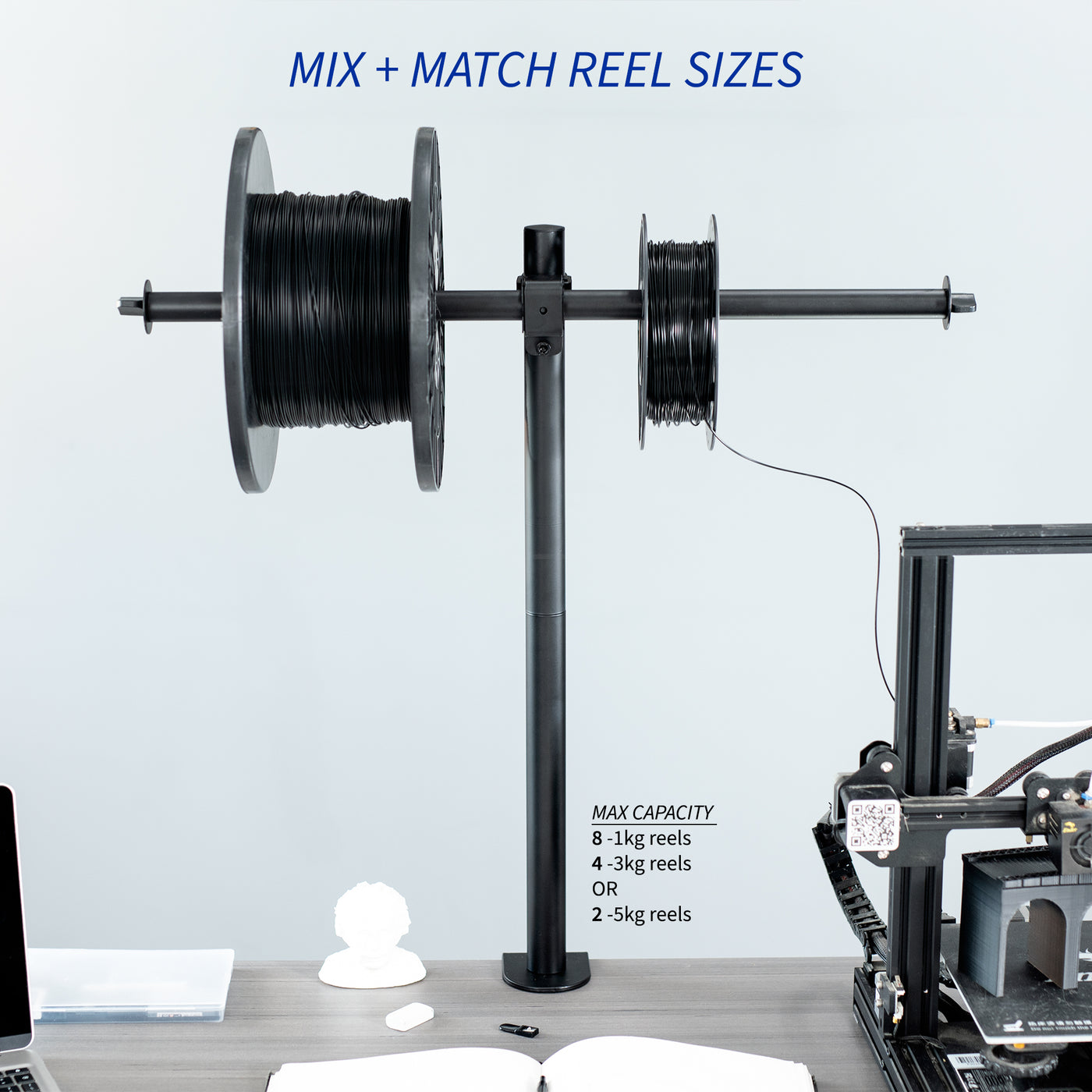 Sturdy clamp-on height adjustable reel holder for 3D printer.