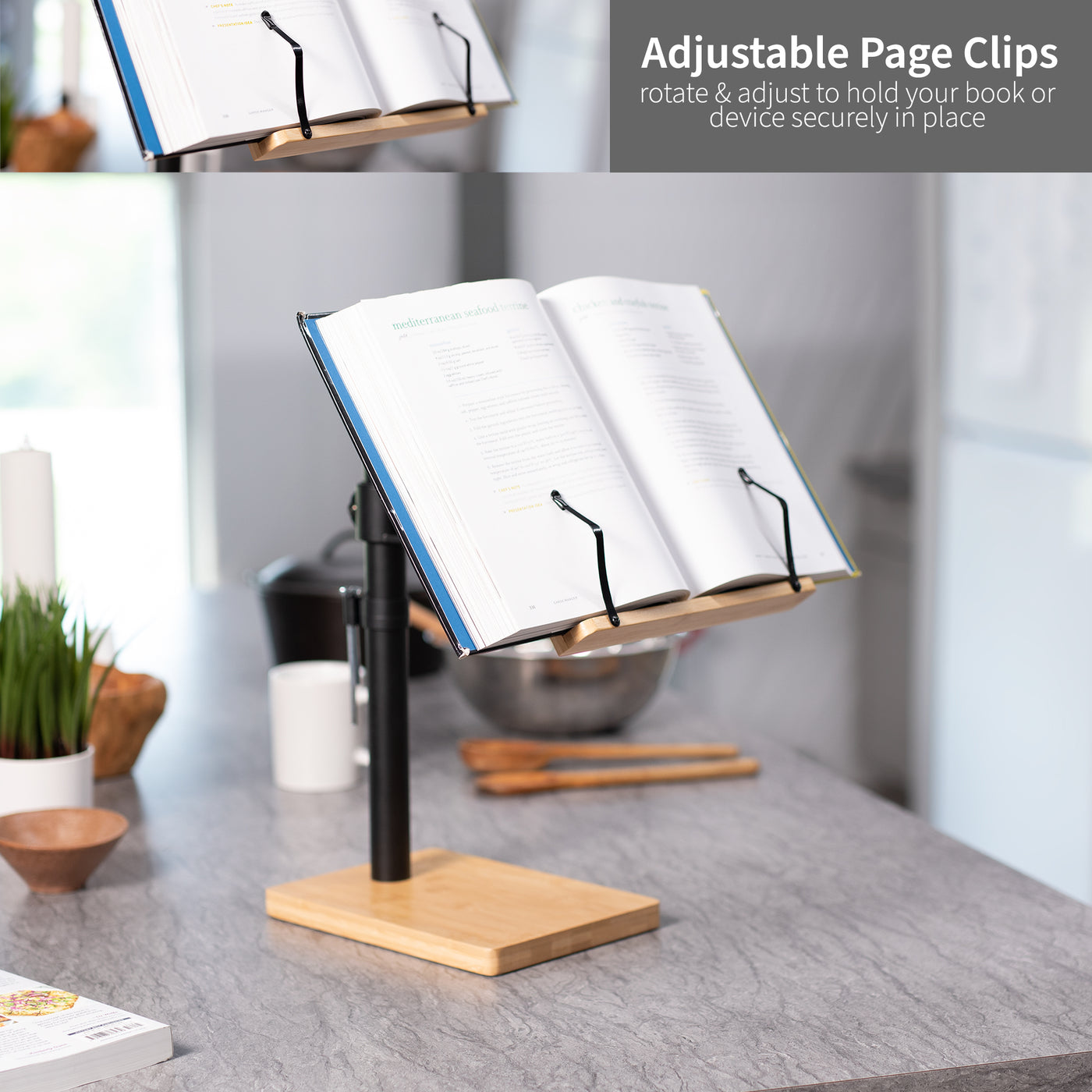 11 inch Freestanding Bamboo Book Stand for Hands Free Reading, Adjustable Holder for Textbooks, Novels, Cookbooks, iPads, Mobile Phones, and More, Light Wood Surfaces