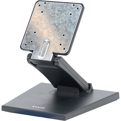 A black folding single monitor desk stand with a metal plate for mounting on the back.