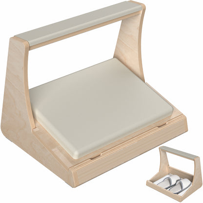 A birch wood footrest with a white cushion on top and storage compartment beneath.