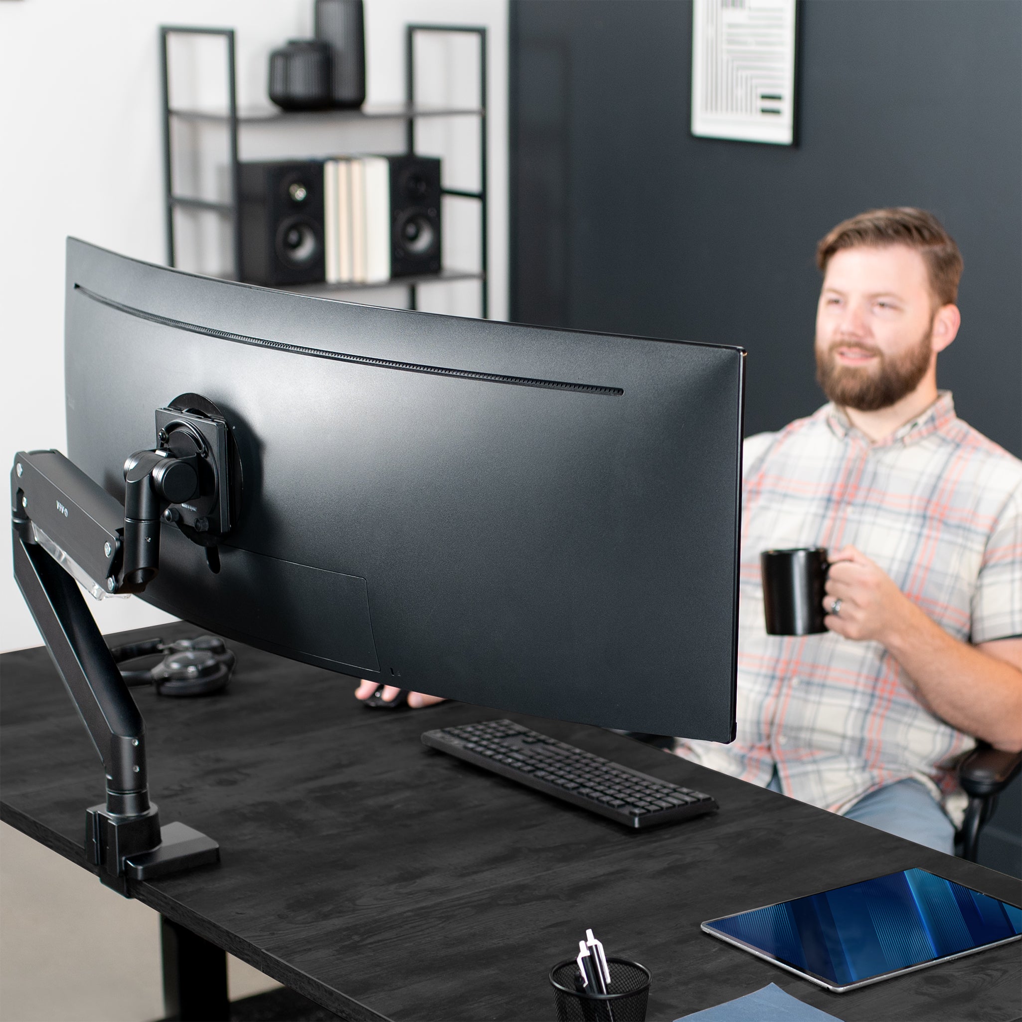 Pneumatic Spring TV and Monitor Desk Mount for curved and flat ultrawide screens.