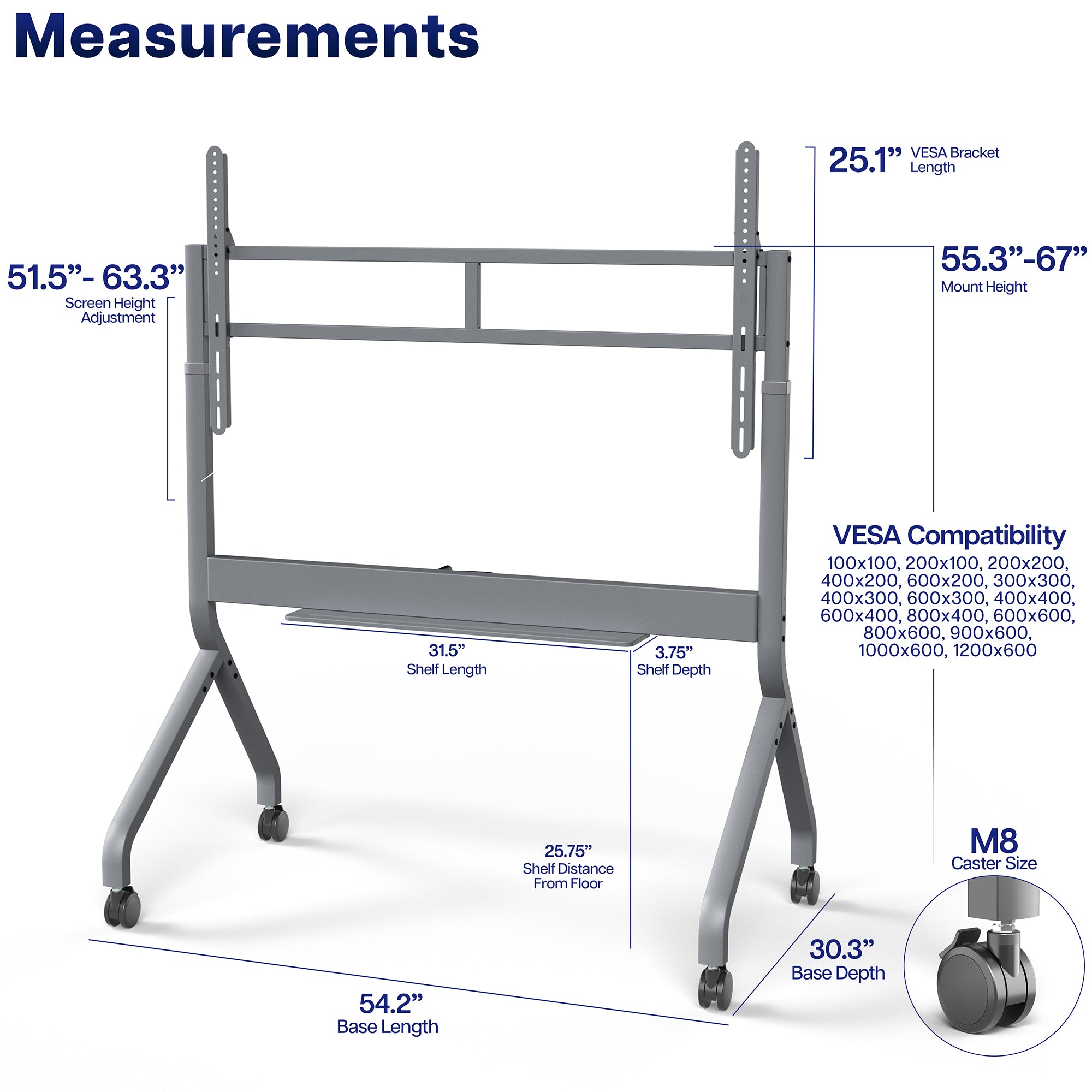 Slim Manual Height Adjustable TV Cart - 60” to 110” Screens