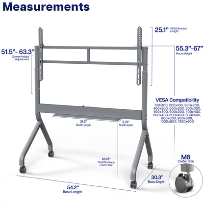 Slim Manual Height Adjustable TV Cart - 60” to 110” Screens
