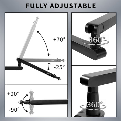 Low height adjustable clamp-on microphone arm desk mount.