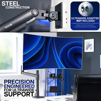 Ultrawide monitor on desk mount in office space, featuring text about steel construction and ultrawide support.