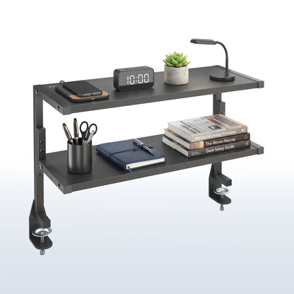 Wide spacious above desk or below desk clamp-on shelf with two shelves for convenient storage and organization. Lower shelf height adjusts.