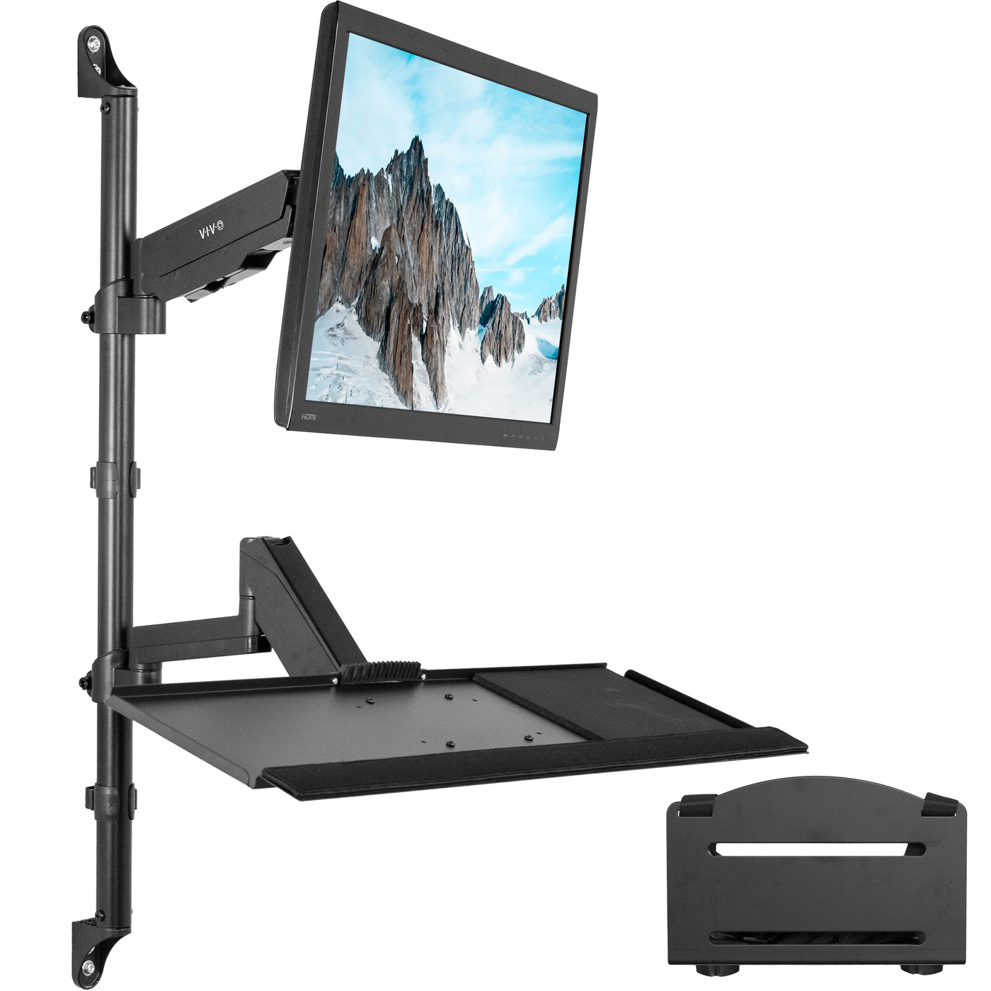 Sit to Stand Single Monitor Wall Mount Workstation provides a space efficient work area with your monitor and keyboard at ergonomic viewing and typing angles.