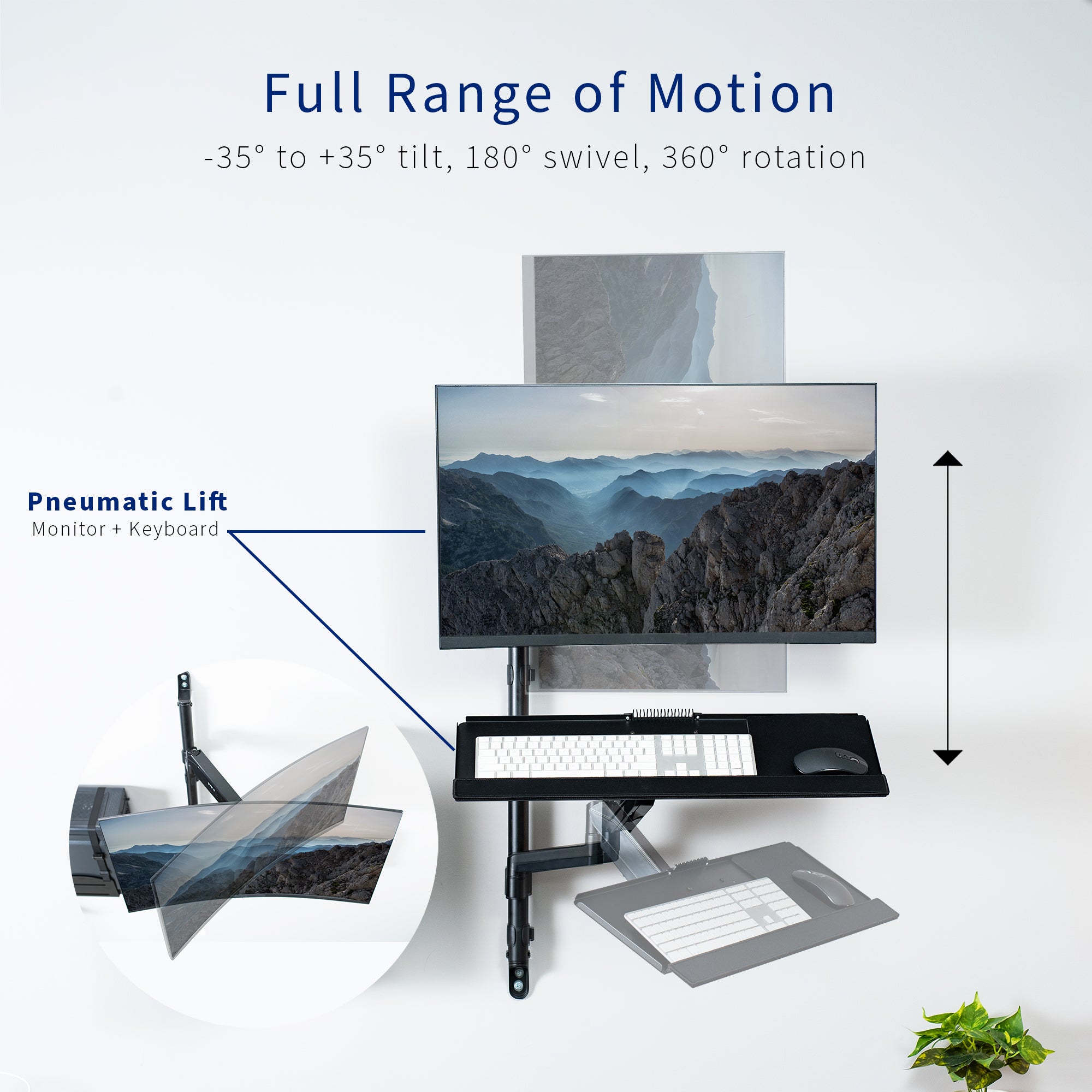 Sit to Stand Single Monitor Wall Mount Workstation provides a space efficient work area with your monitor and keyboard at ergonomic viewing and typing angles.