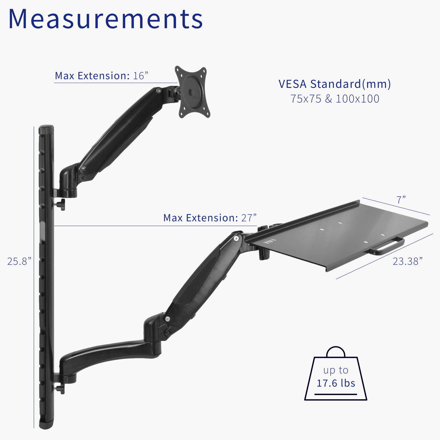 Measurements and specifications of a wall mounting monitor mount and keyboard tray. 