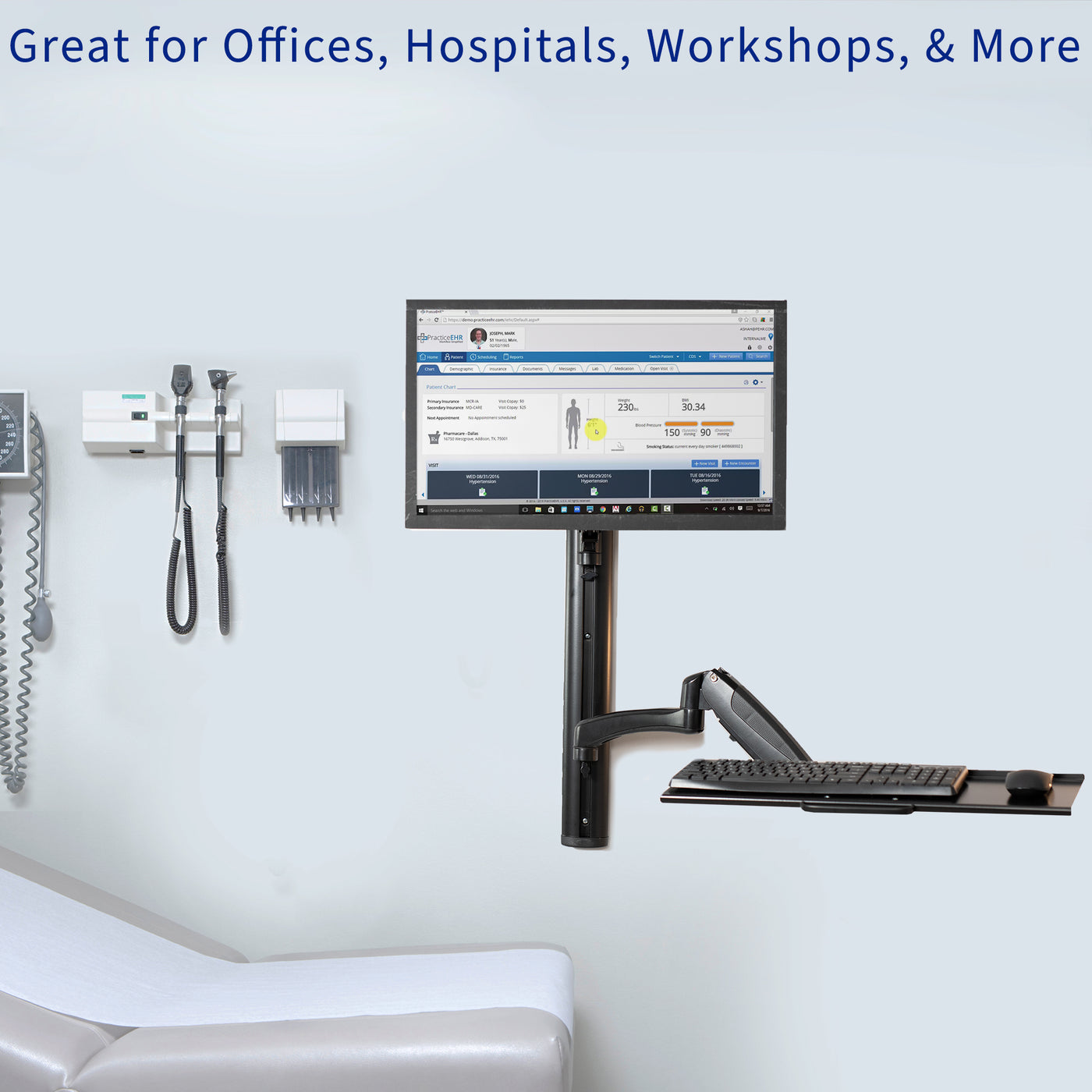 This monitor mount is great for offices, hospitals, workshops, and more.