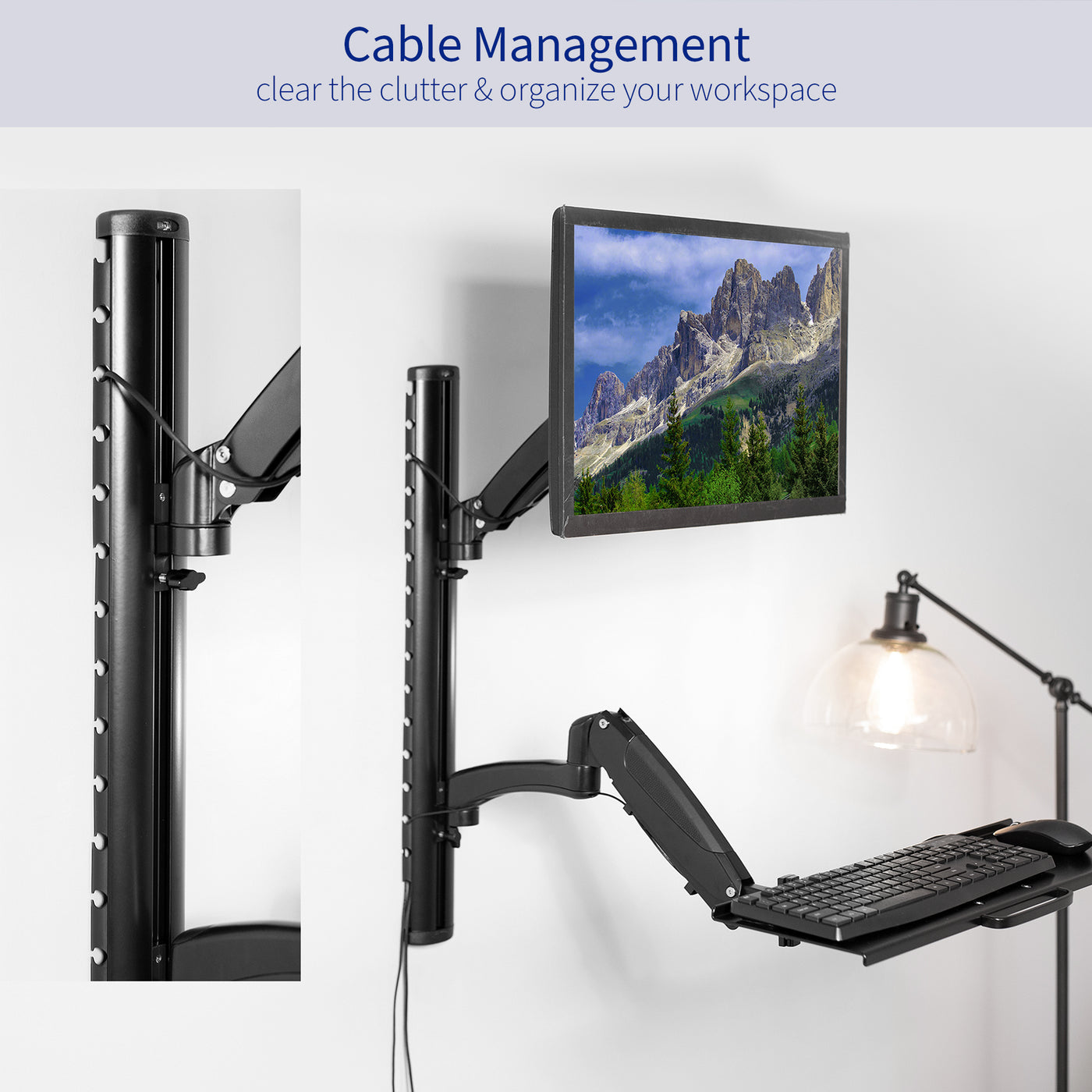 Incorporated cable management to maintain a clean workspace.