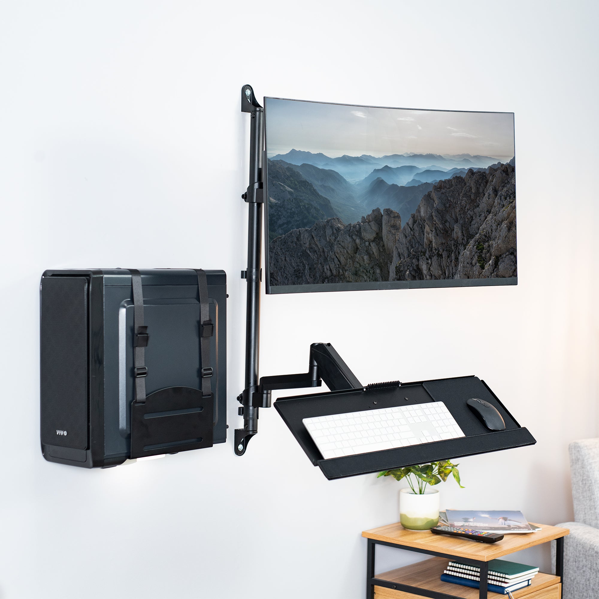 Sit to Stand Single Monitor Wall Mount Workstation provides a space efficient work area with your monitor and keyboard at ergonomic viewing and typing angles.