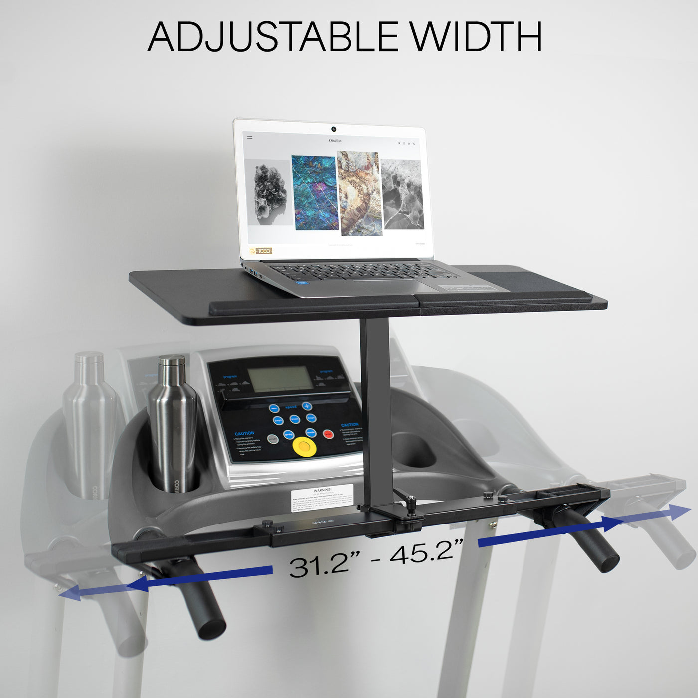 Laptop desk riser platform with adjustable width for a treadmill.