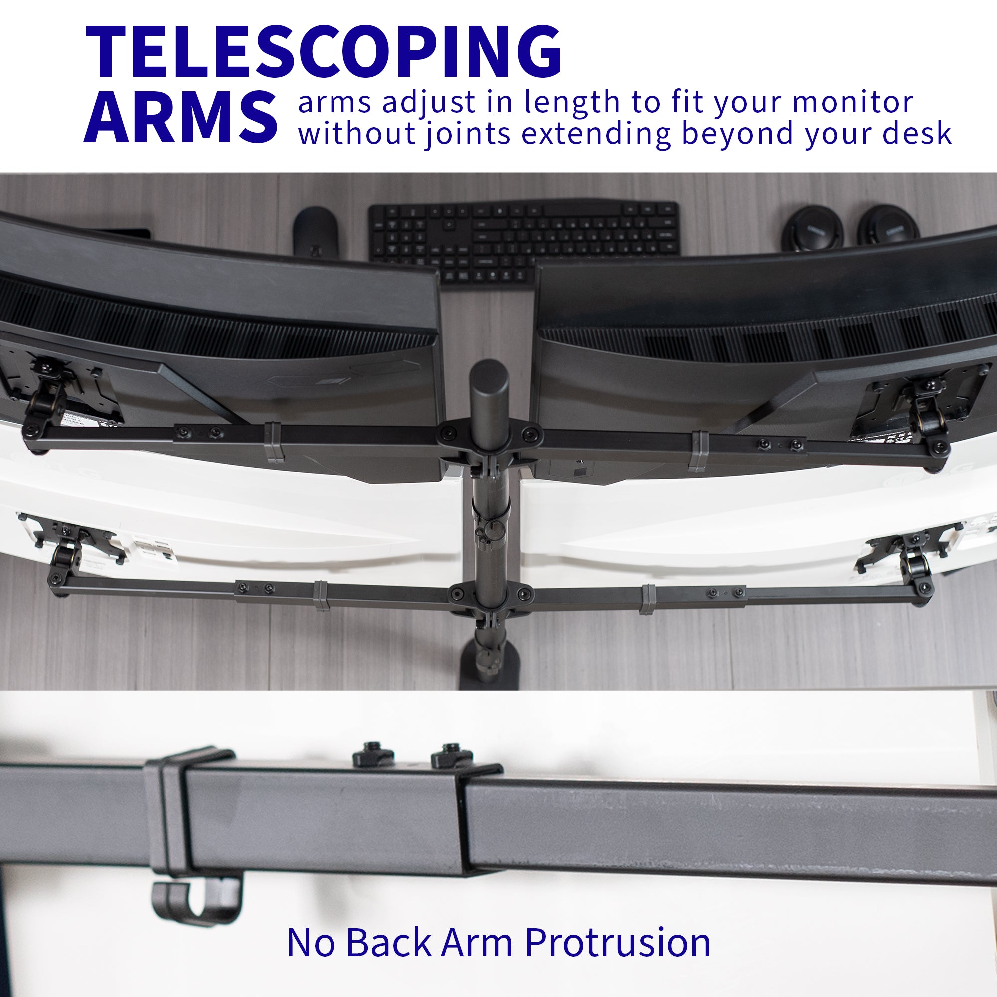 Heavy Duty Telescoping Quad Monitor Desk Mount for office use, giving your screen setup a flush with the wall display.