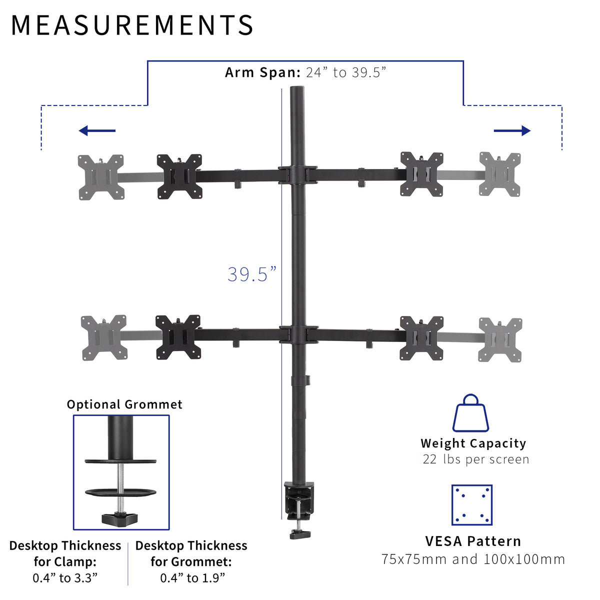 Telescoping quad mount specifications and measurements on a white background