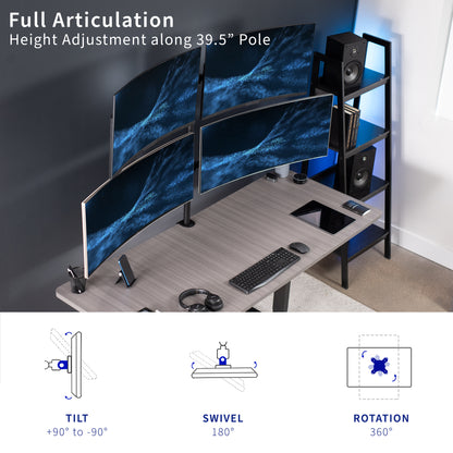 Heavy Duty Telescoping Quad Monitor Desk Mount for office use, giving your screen setup a flush with the wall display.