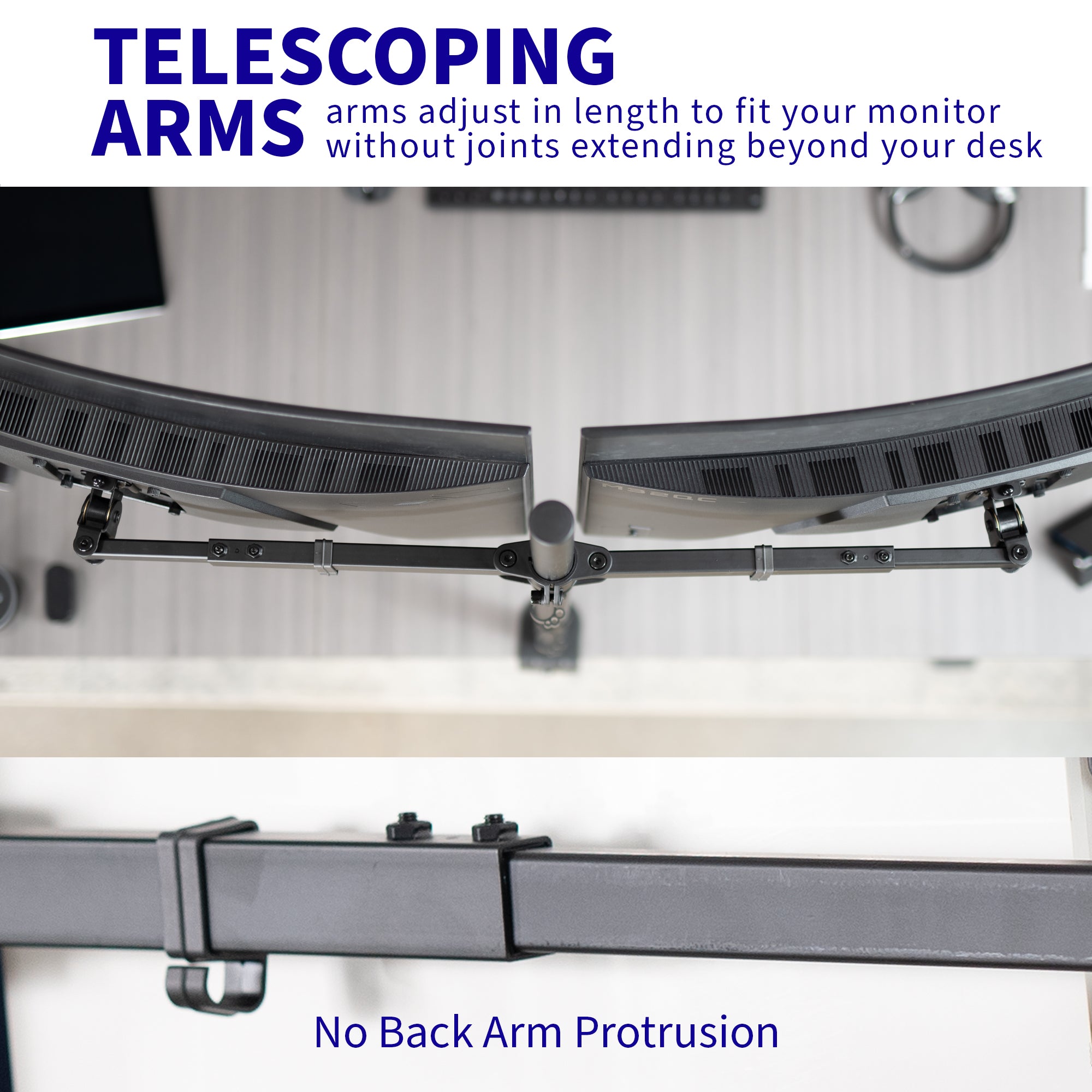 Telescoping Extra Tall Dual Monitor Desk Mount for office use, giving your screens a flush-with-wall display.