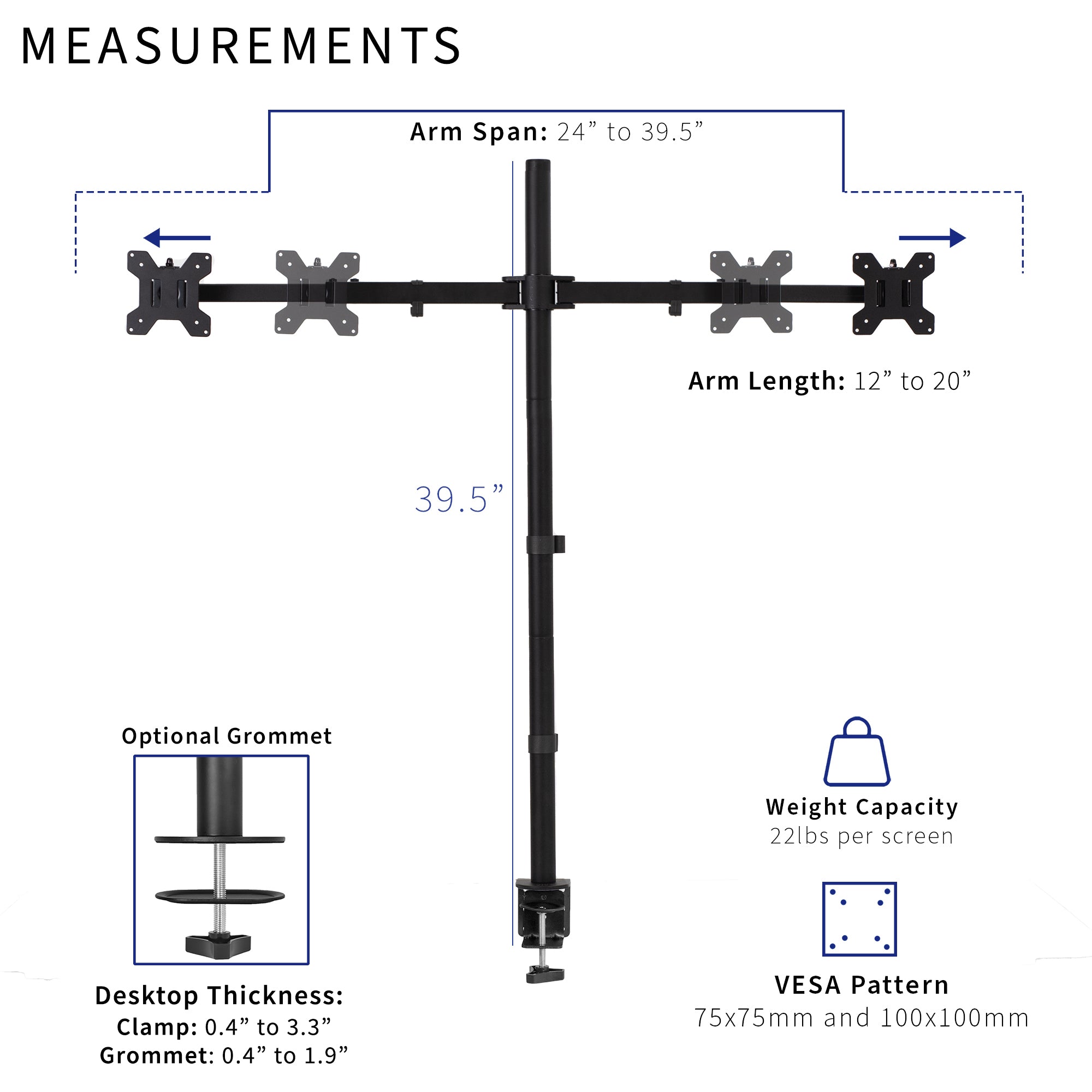 Measurement diagram for a black multi-monitor stand with arm span 24" to 39.5", arm length 12" to 20", and a total height of 39.