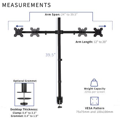 Measurement diagram for a black multi-monitor stand with arm span 24" to 39.5", arm length 12" to 20", and a total height of 39.