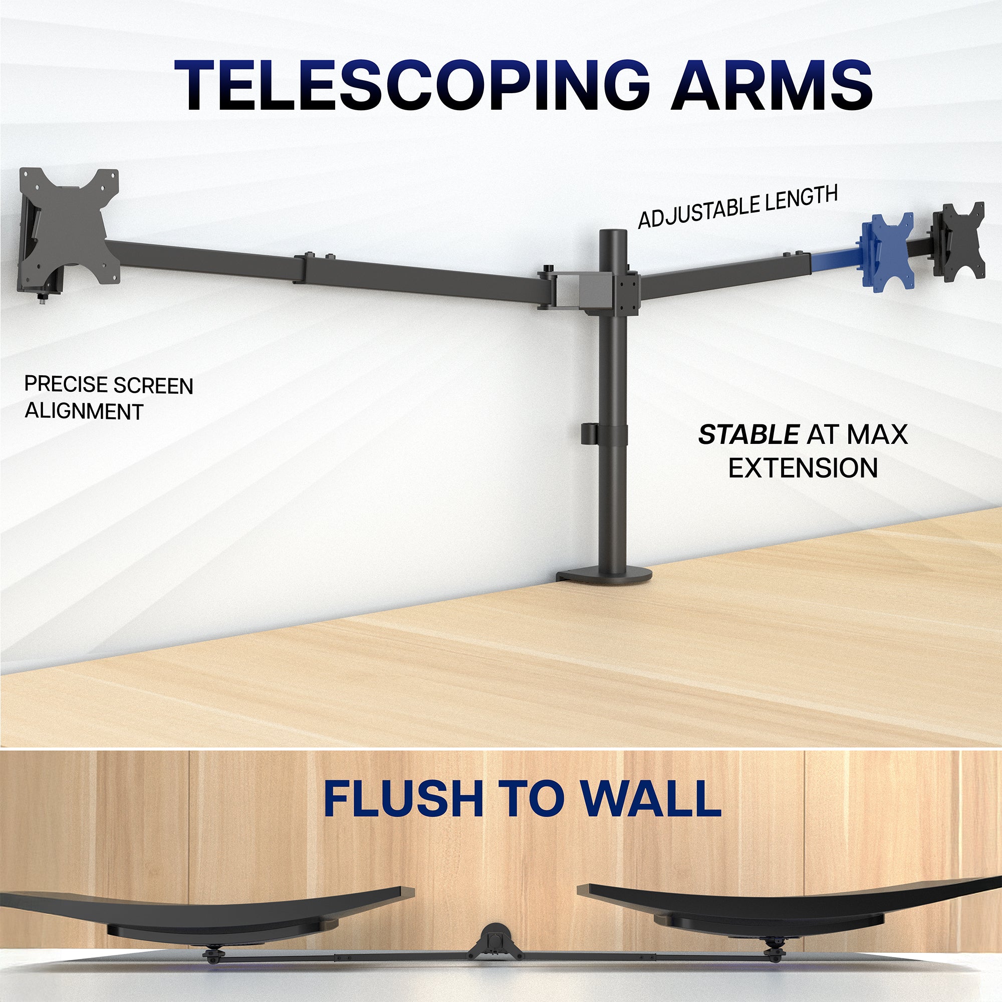 Telescoping Dual Ultrawide Monitor Desk Mount with adjustable arm length featuring a flush to wall setup.