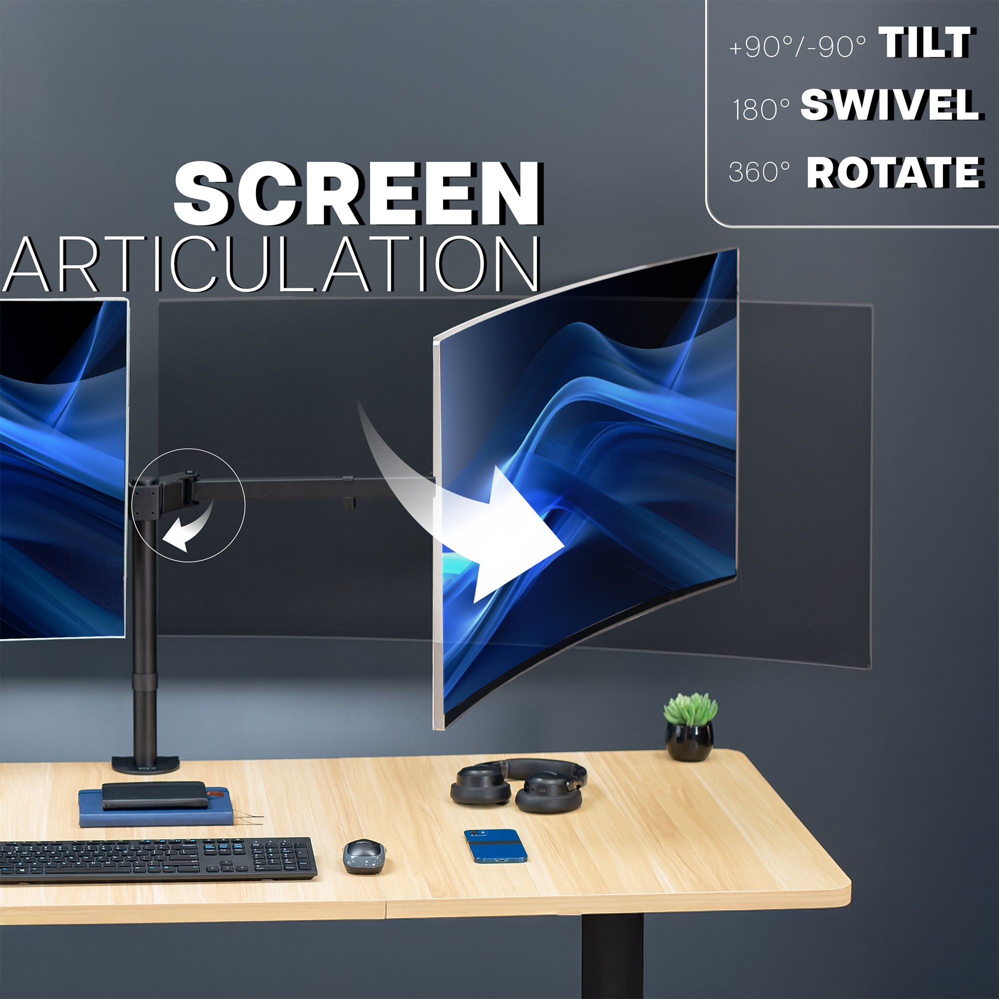 Monitors displayed on a Telescoping Dual Ultrawide Monitor Desk Mount with screen articulation features highlighted