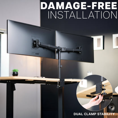 Telescoping Dual Ultrawide Monitor Desk Mount shown clamped onto a desk with 'Damage-Free Installation' text and dual clamp stability feature highlighted.