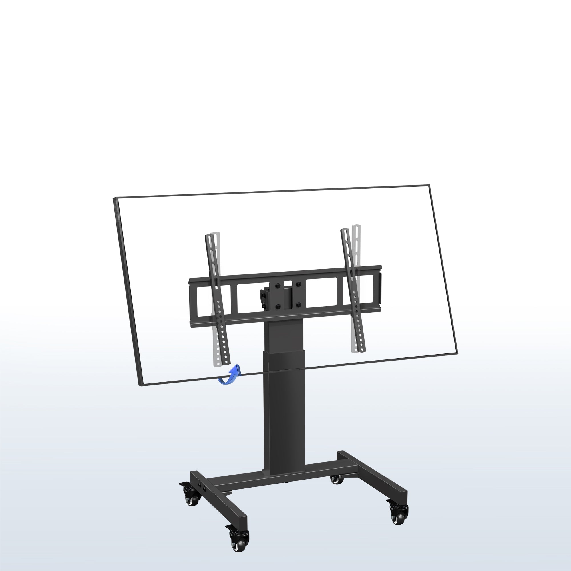 A low height mobile TV cart with a black frame and wheels.