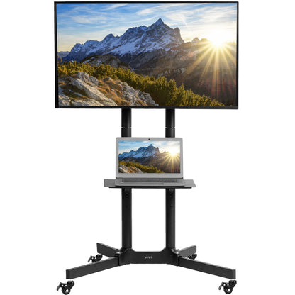 Mobile TV cart displays large screen on rolling stand for ergonomic viewing.