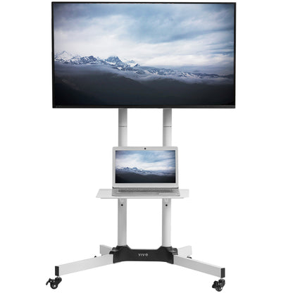 Mobile TV cart displays large screen on rolling stand for ergonomic viewing.