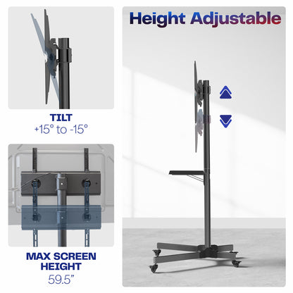 Mobile TV cart displays large screen on rolling stand for ergonomic viewing.