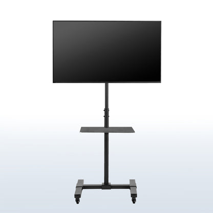 Sturdy mobile height adjustable TV cart with utility shelf and wheels.