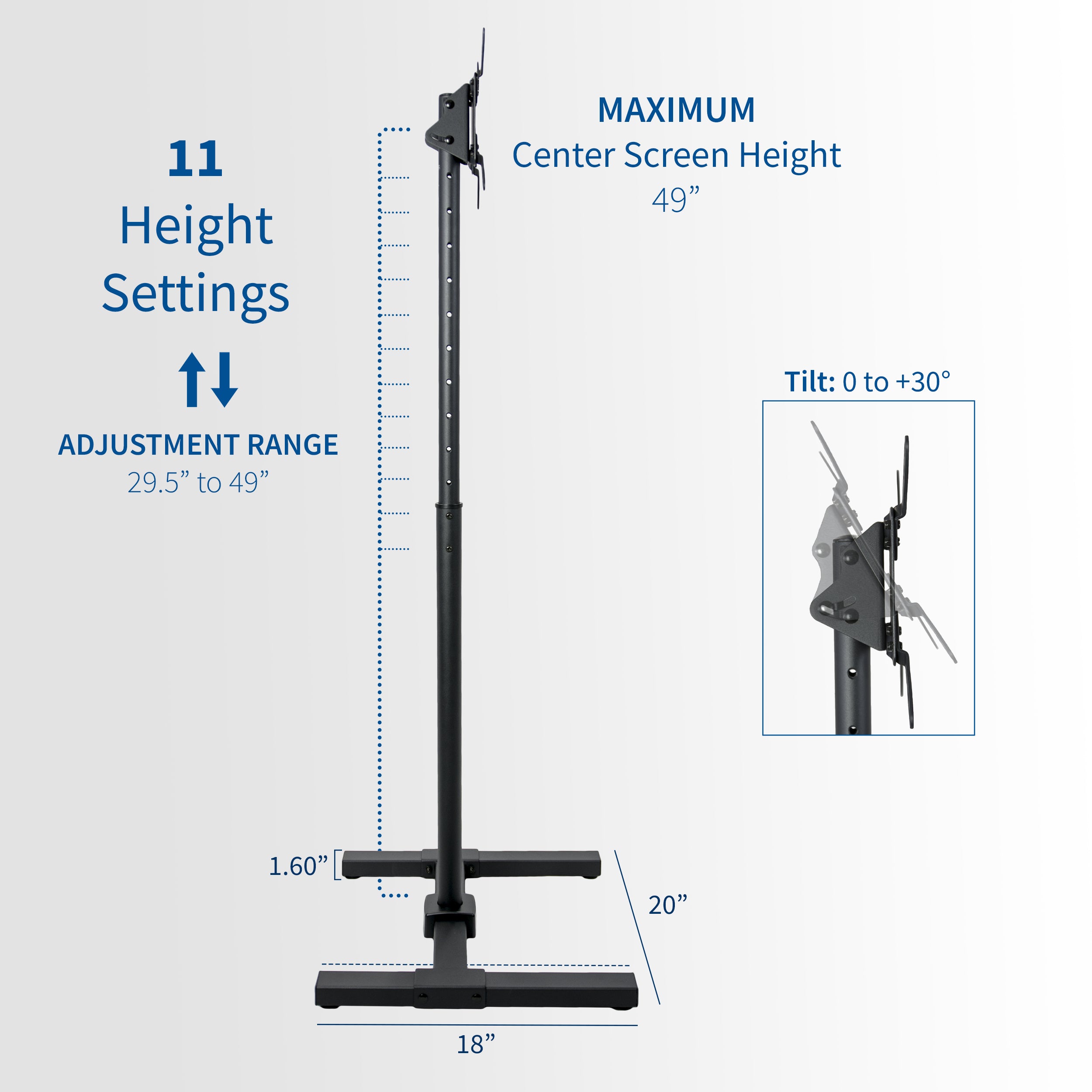 Sturdy height adjustable TV stand with tilt and leveling feet.