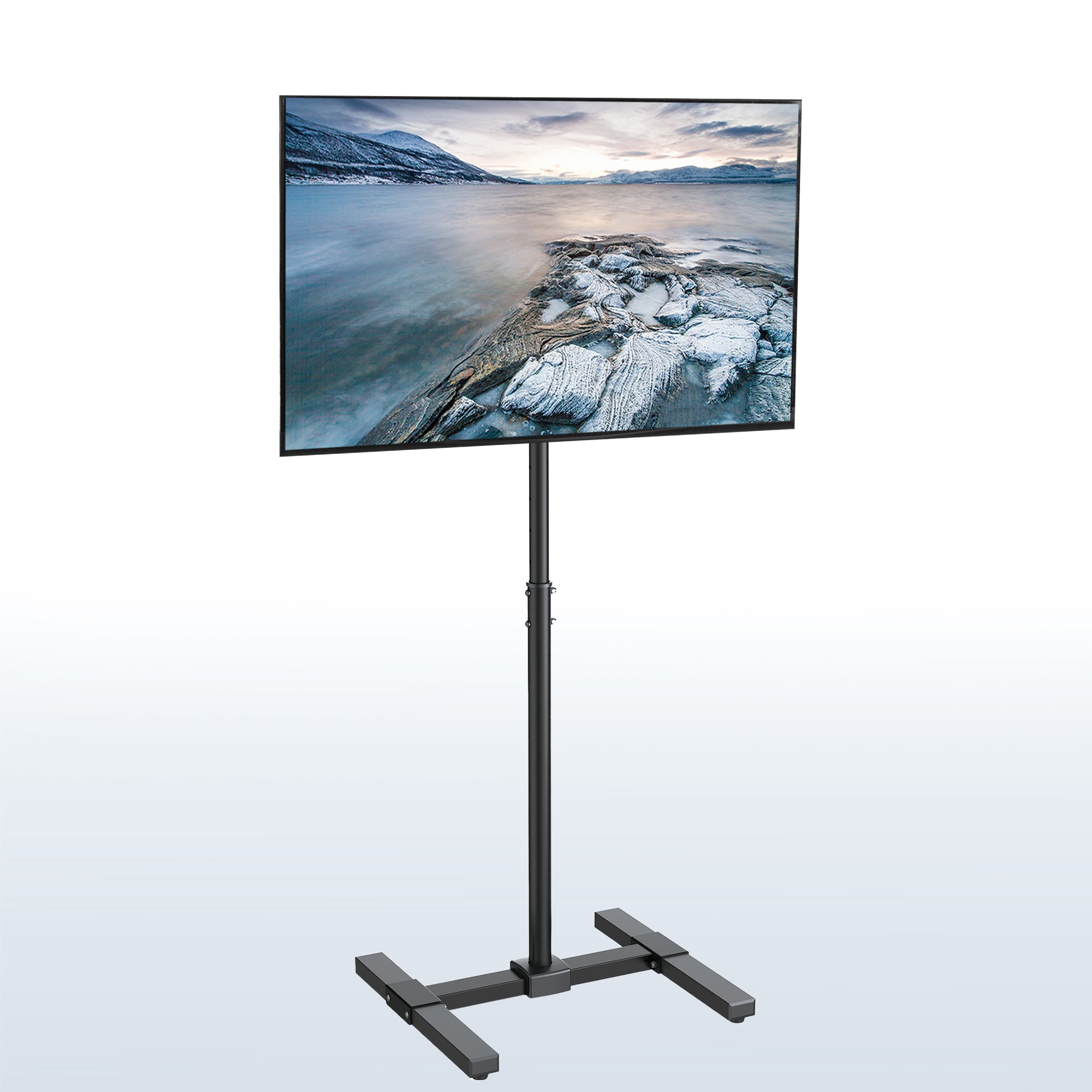 Sturdy height adjustable TV stand with tilt and leveling feet.