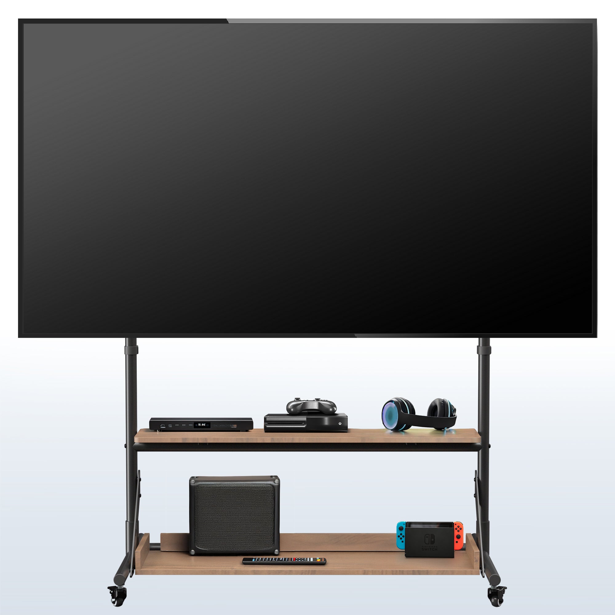 A heavy duty TV cart with dark wood shelves, featuring a black metal frame and four caster wheels.