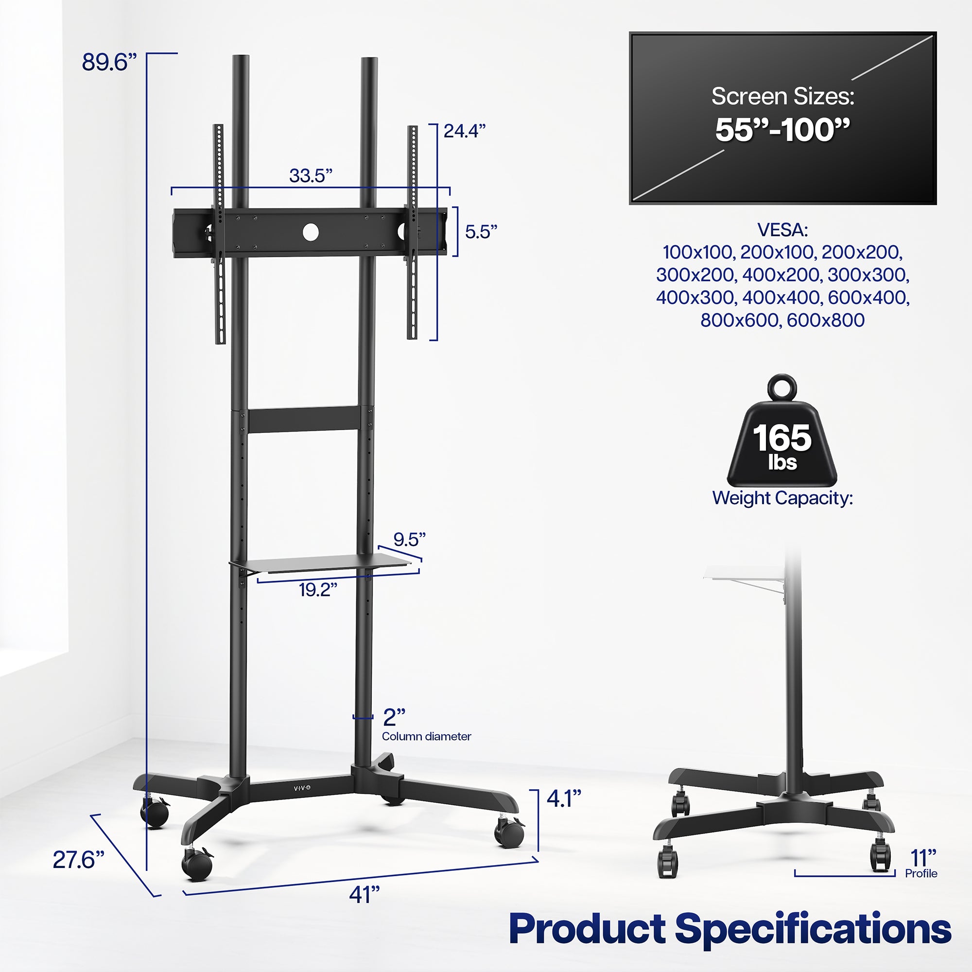 Tall Mobile Large TV Cart - 55” to 100” Screens