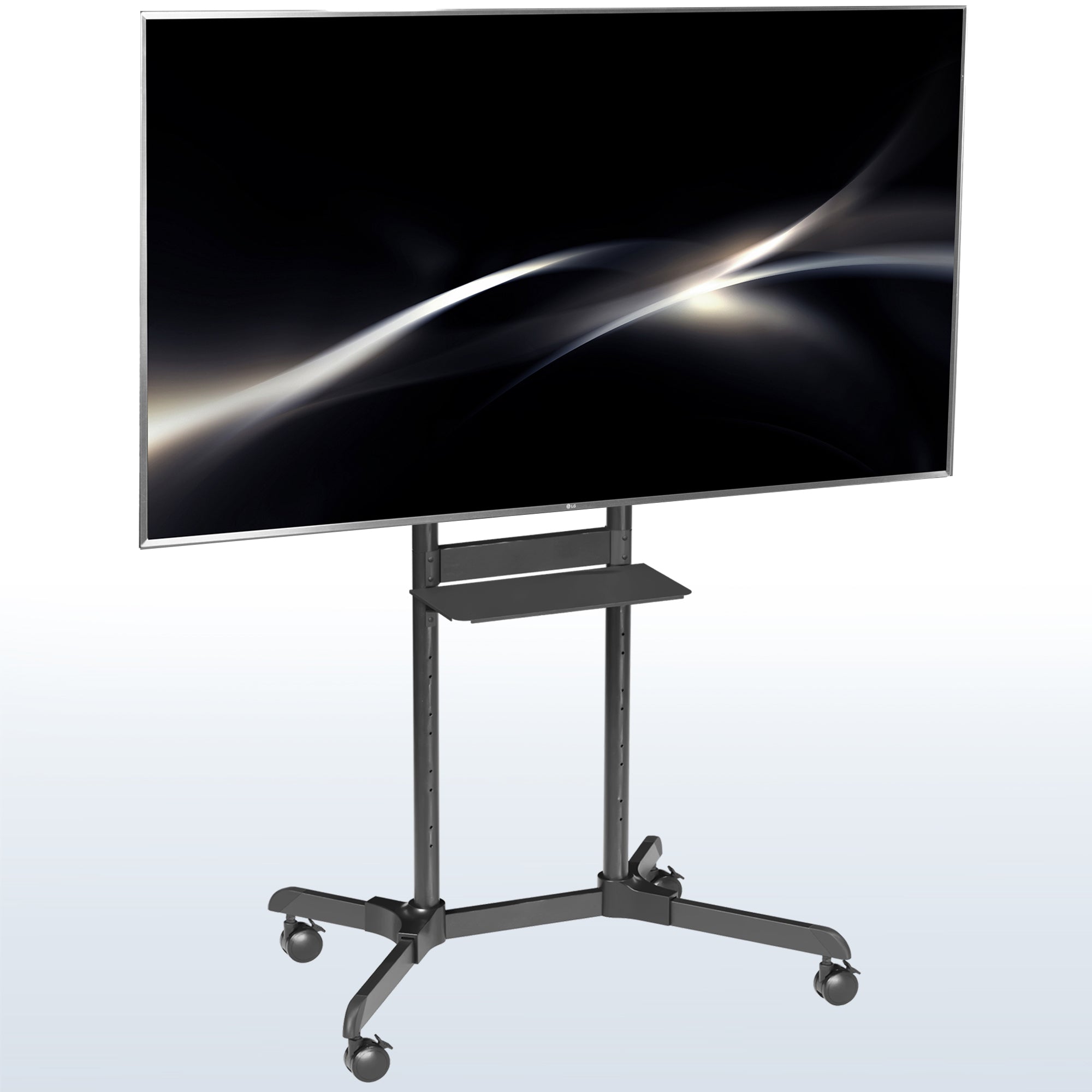 Mobile TV mount cart with media shelf and locking wheels. Stand features height adjustment, articulation, and a built-in cable management system.